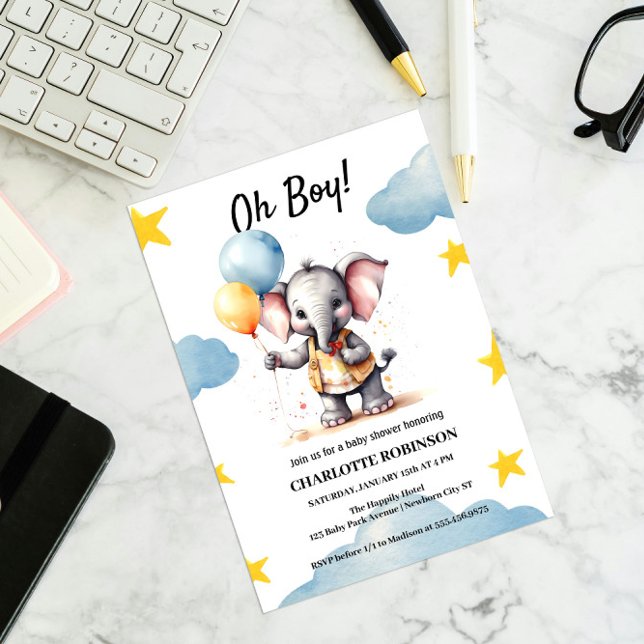 Watercolor Elephant Baby Boy Shower Invitation (Creator Uploaded)