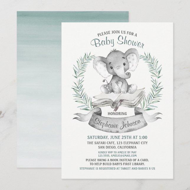 Watercolor Elephant Baby Shower Book Invitation (Front/Back)