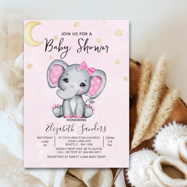 Watercolor Elephant Baby Shower Girl Pink Invitation (Creator Uploaded)
