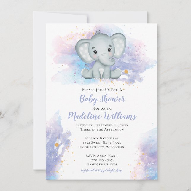 Watercolor Elephant Baby Shower Invitation (Front)
