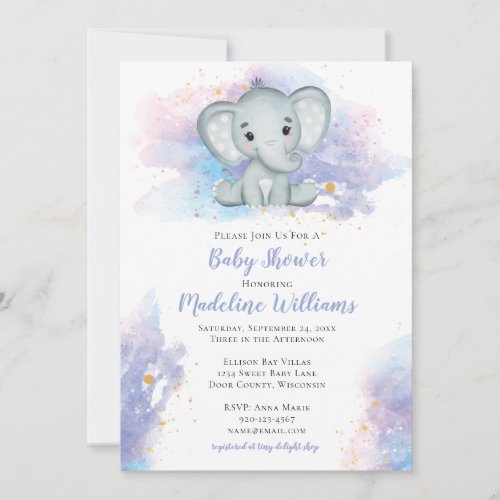 Watercolor Elephant Baby Shower Invitation
