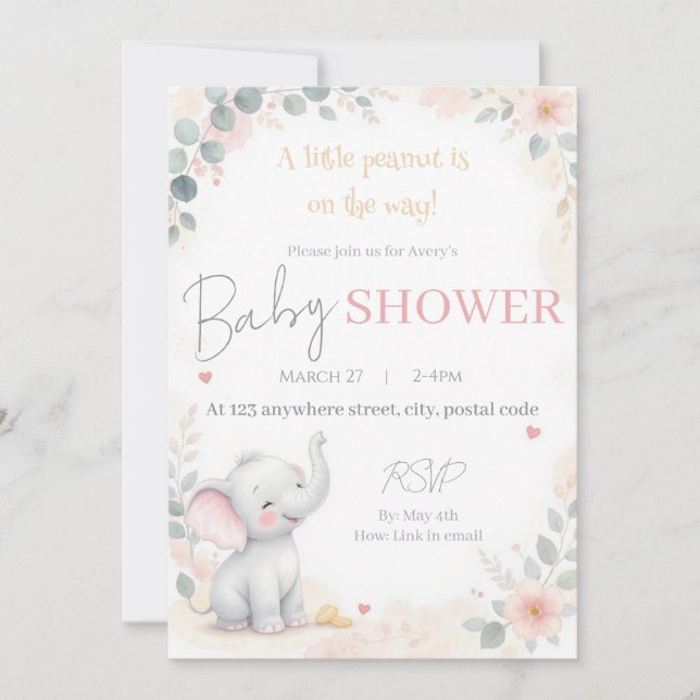 Watercolor Elephant Baby Shower Invitation (Front)