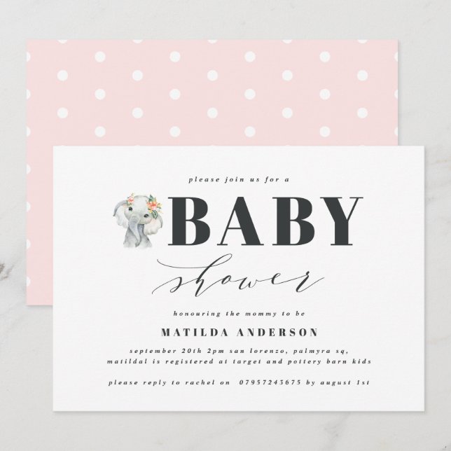 Watercolor elephant baby shower party (Front/Back)