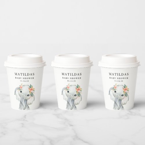 Watercolor elephant baby shower party paper cups