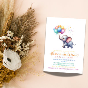  Watercolor Elephant Baby Shower with Balloons Invitation
