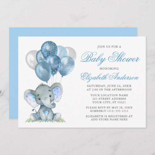 Watercolor Elephant Balloons Baby Shower Blue Invitation