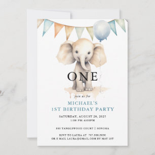 Watercolor Elephant Blue 1st Birthday Invitation