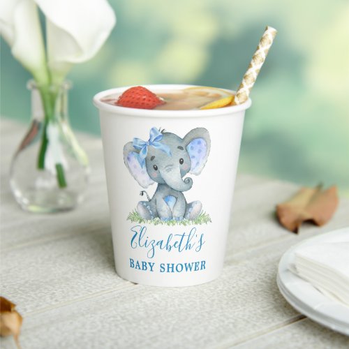 Watercolor Elephant Blue Bow Baby Shower Paper Cups