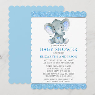 Watercolor Elephant Blue Glitter Baby Shower Invitation