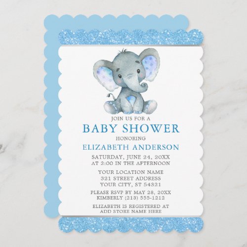 Watercolor Elephant Blue Glitter Baby Shower Invitation