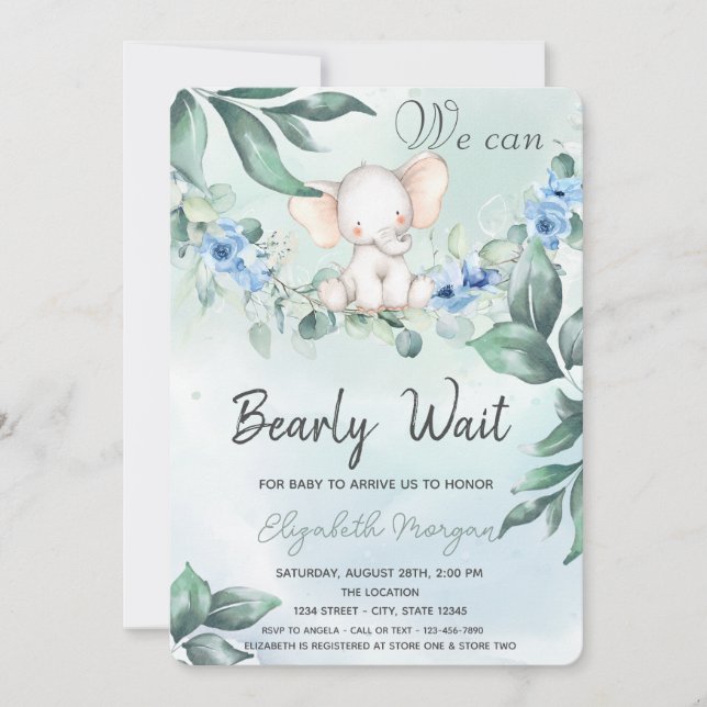 Watercolor Elephant Blue Roses Baby Shower  Invitation (Front)