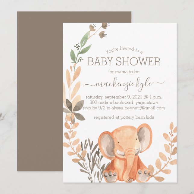 Watercolor Elephant Boho Safari Baby Shower (Front/Back)
