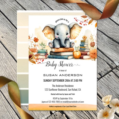 Watercolor Elephant Books Baby Shower Invitation