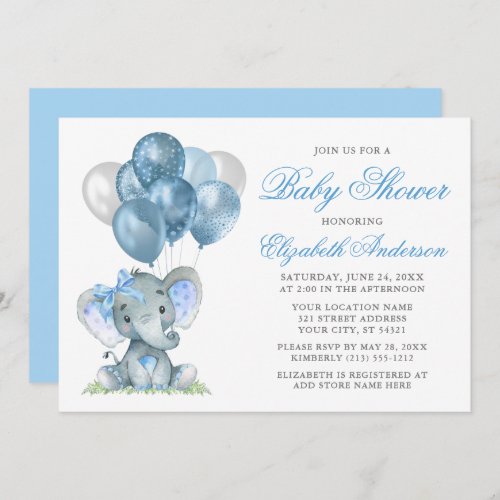 Watercolor Elephant Bow Balloons Baby Shower Blue Invitation