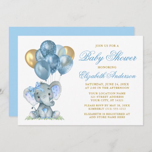 Watercolor Elephant Bow Balloons Shower Blue Gold Invitation