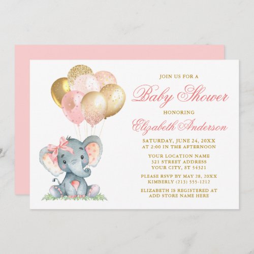 Watercolor Elephant Bow Balloons Shower Pink Gold Invitation