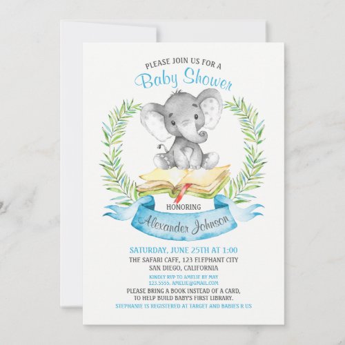 Watercolor Elephant Boy Baby Shower Book Invitation