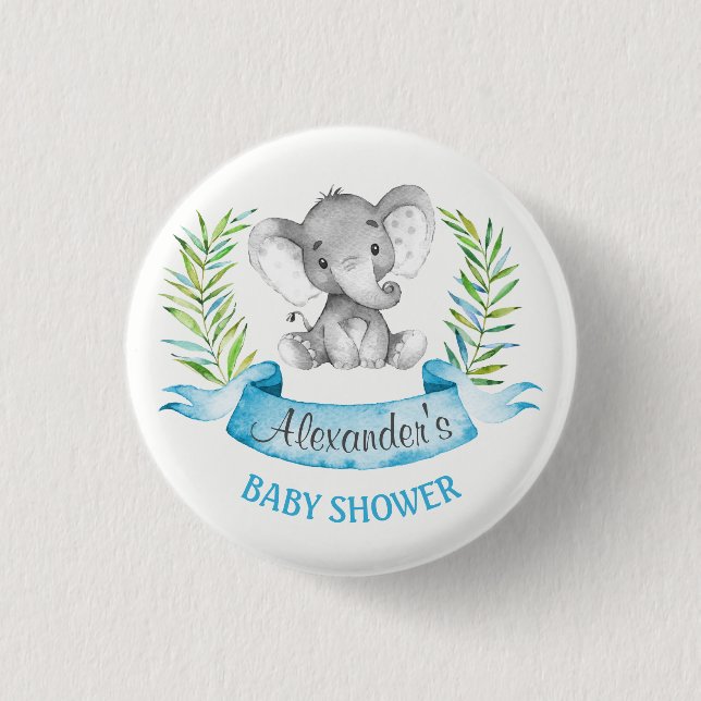 Watercolor Elephant Boy Baby Shower Button (Front)