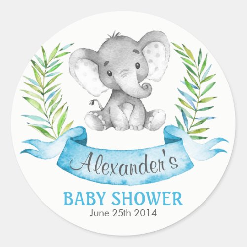 Watercolor Elephant Boy Baby Shower Classic Round Sticker
