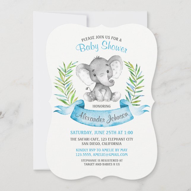 Watercolor Elephant Boy Baby Shower Invitation (Front)