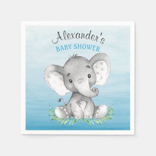 Watercolor Elephant Boy Baby Shower Paper Napkins