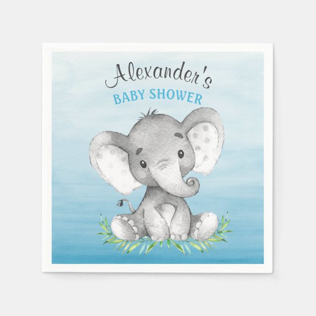 Watercolor Elephant Boy Baby Shower Paper Napkins (Front)