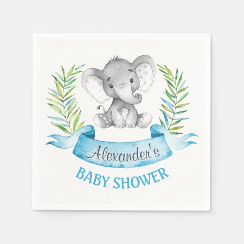 Watercolor Elephant Boy Baby Shower Paper Napkins