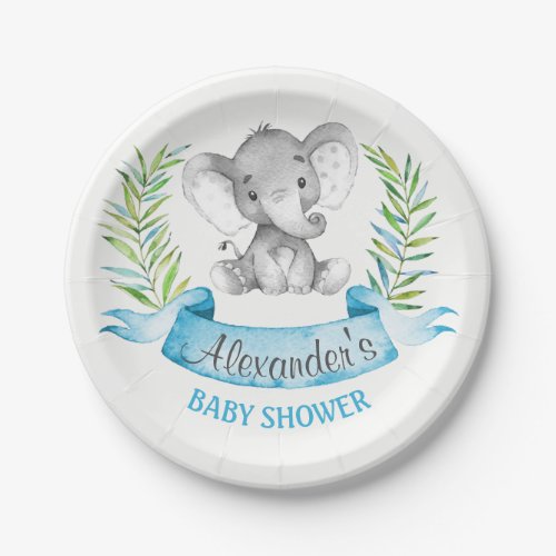 Watercolor Elephant Boy Baby Shower Paper Plates