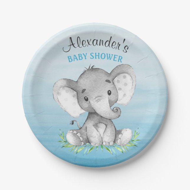 Watercolor Elephant Boy Baby Shower Paper Plates (Front)