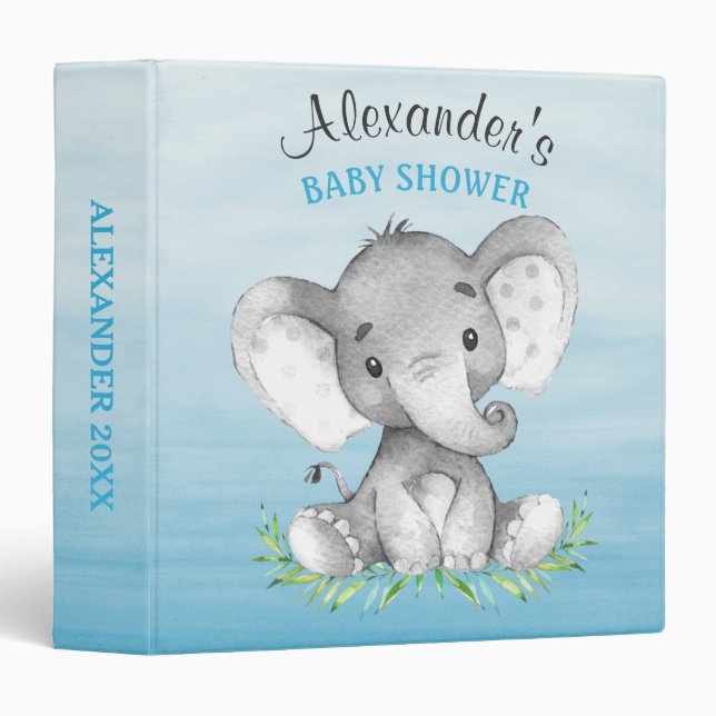 Watercolor Elephant Boy Baby Shower Photo Album Binder (Front/Spine)