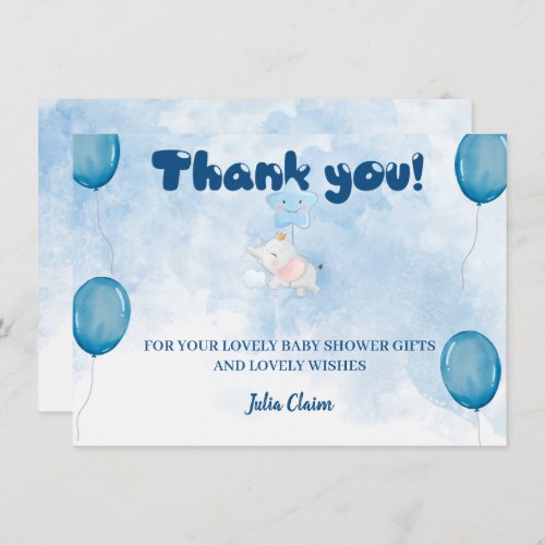 Watercolor Elephant Boy Baby Shower Thank You Card