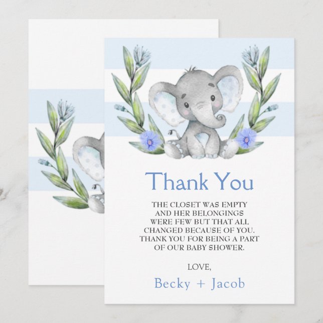 Watercolor Elephant Boy Baby Shower Thank You Card (Front/Back)