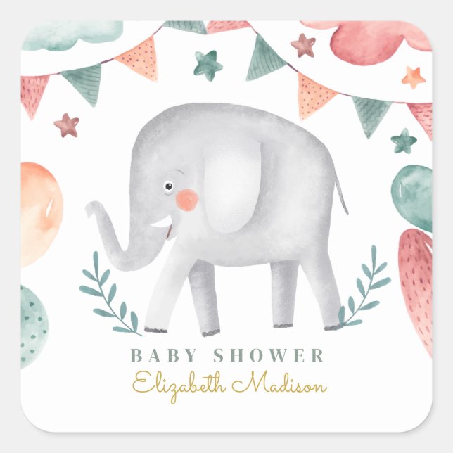 Watercolor Elephant Cute Baby Shower  Square Sticker (Front)