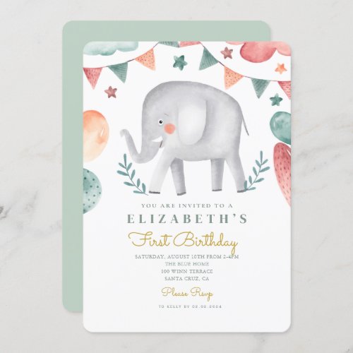 Watercolor Elephant Cute  Baloons 1st Birthday  Invitation