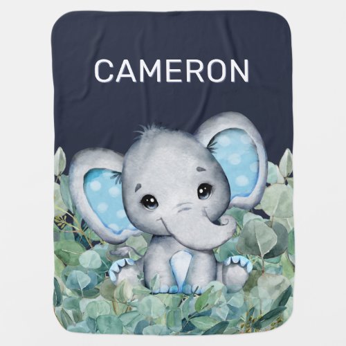 Watercolor Elephant Dark Blue Personalized Name Baby Blanket