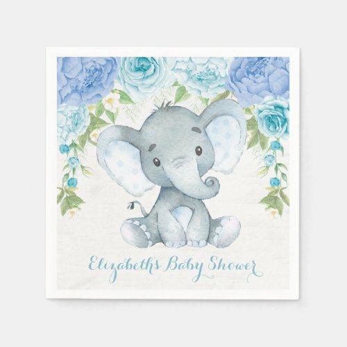 Watercolor Elephant Dusty Blue Floral Jungle Baby Napkins