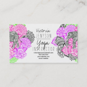 Watercolor elephant floral mandala yoga instructor business card