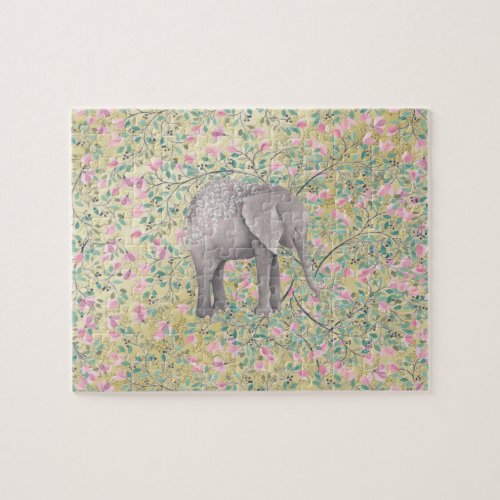 Watercolor Elephant Flowers Gold Glitter Jigsaw Puzzle