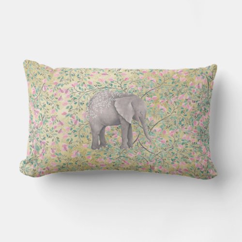 Watercolor Elephant Flowers Gold Glitter Lumbar Pillow