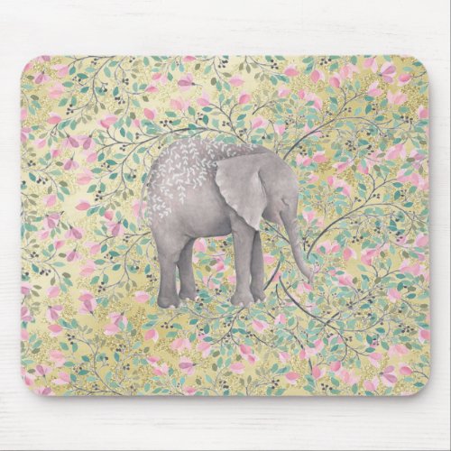 Watercolor Elephant Flowers Gold Glitter Mouse Pad