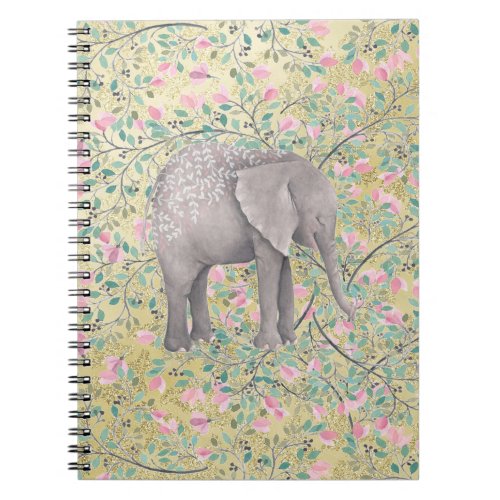 Watercolor Elephant Flowers Gold Glitter Notebook