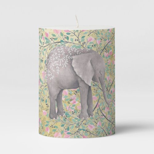 Watercolor Elephant Flowers Gold Glitter Pillar Candle