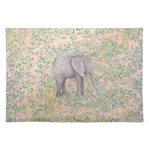 Watercolor Elephant Flowers Gold Glitter Placemat
