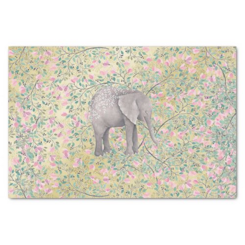 Watercolor Elephant Flowers Gold Glitter Tissue Paper