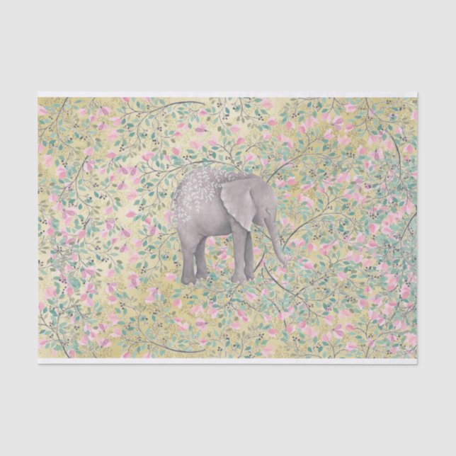 Watercolor Elephant Flowers Gold Glitter Tissue Paper (Front)