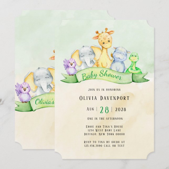 Watercolor Elephant & Friends Baby Shower Invitation (Front/Back)