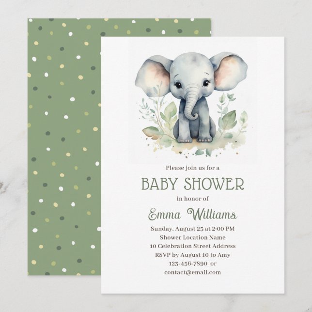 Watercolor Elephant Gender Neutral Baby Shower  Invitation (Front/Back)