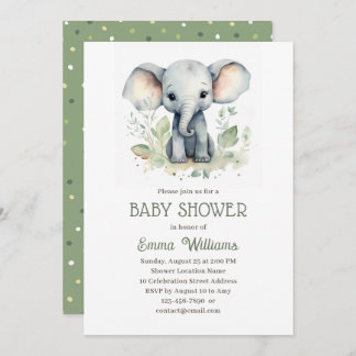 Watercolor Elephant Gender Neutral Baby Shower Invitation
