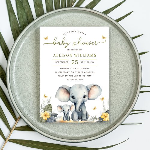 Watercolor Elephant Gender Neutral Baby Shower  Invitation