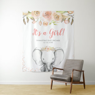 Watercolor Elephant Girl Baby Shower Backdrop
